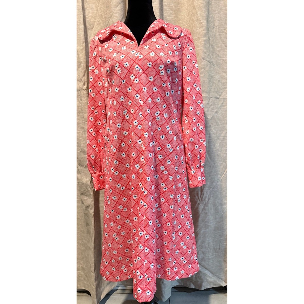 Vintage 70s Pink Floral Geometric Lattice Midi Dress Dagger Collar Mod Pink L